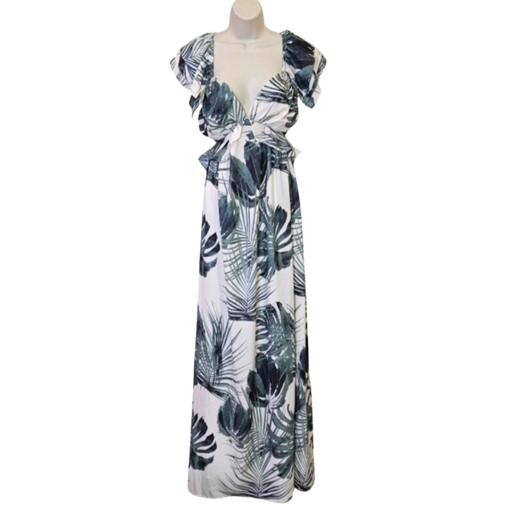 A.Peach Green/Cream Multicolor Tropical Leaf Print Ruffle Maxi Dress,Large